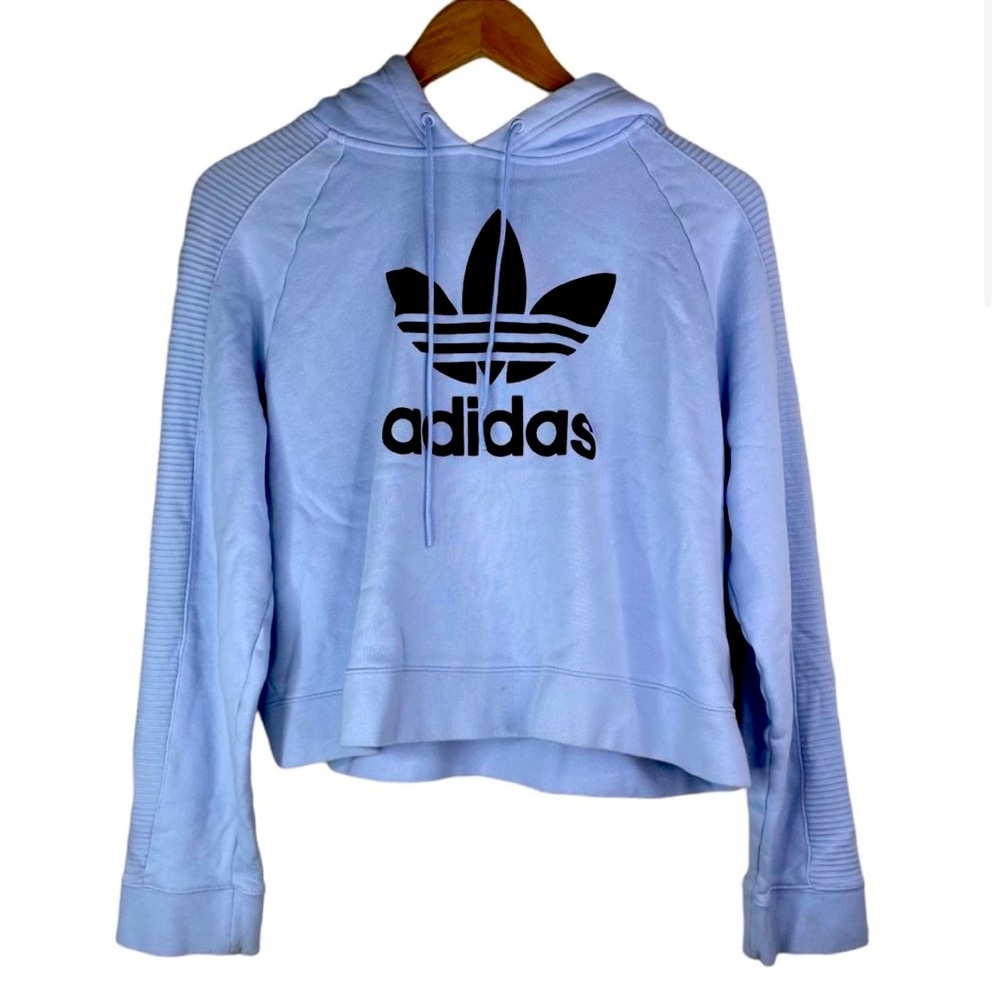 Adidas Trefoil Cropped Hoodie Sweatshirt, Cornflower Blue, Size Medium